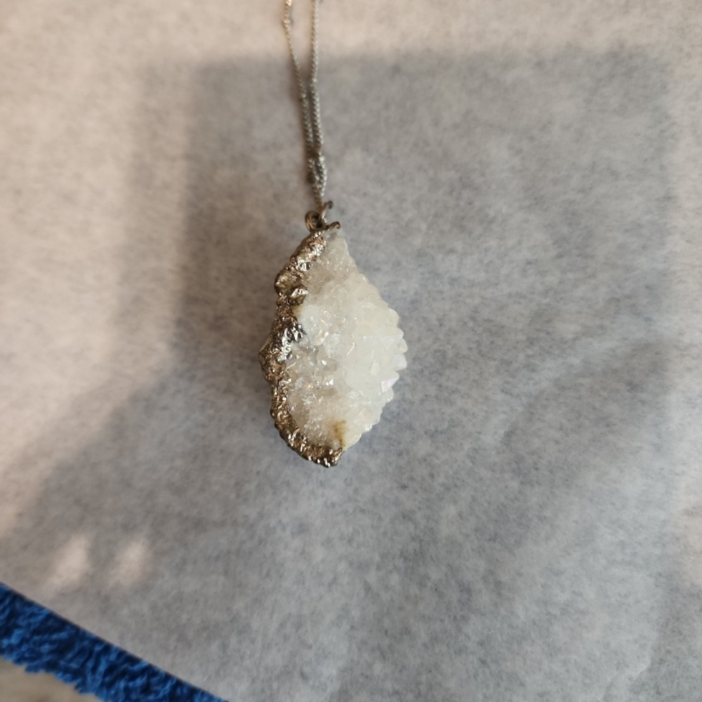 Silver and White Natural Geode Pendant Necklace